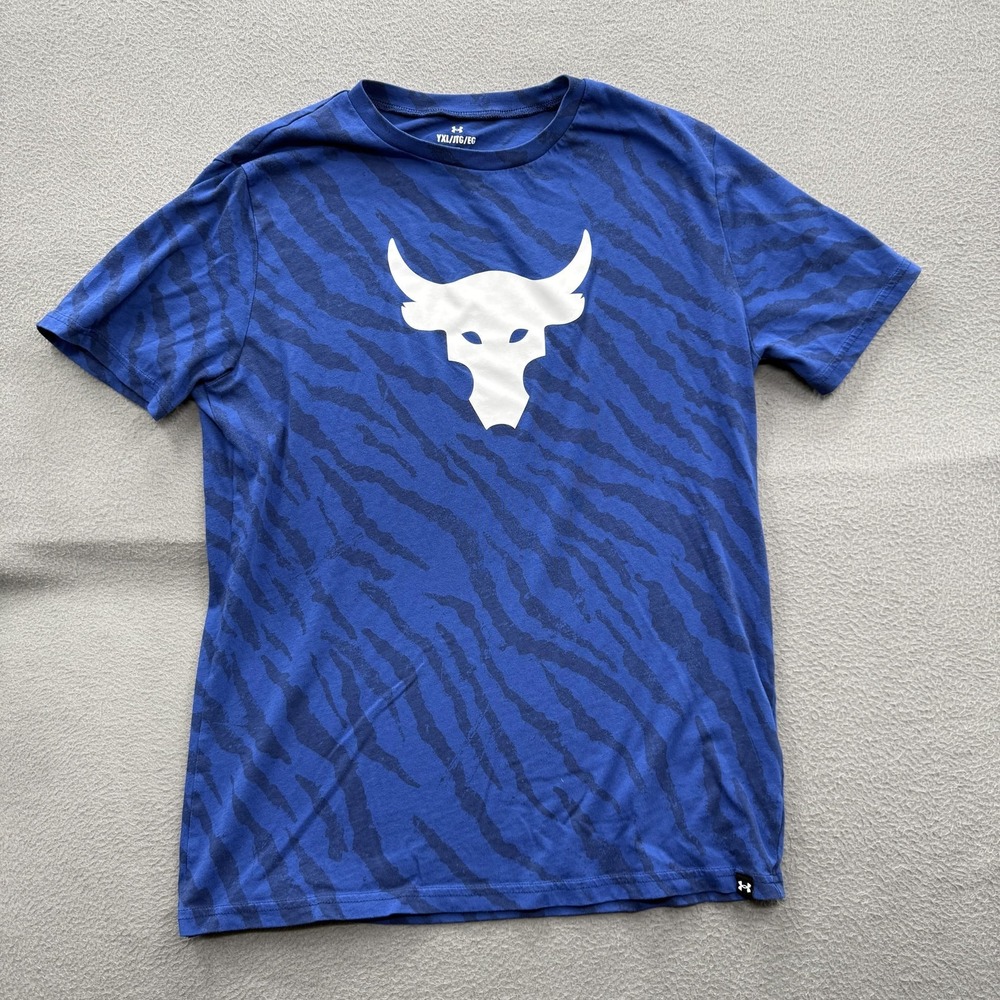Under Armour Shirt Kids XL Blue Animal Print Bull Logo Graphic Tee Tagless Loose